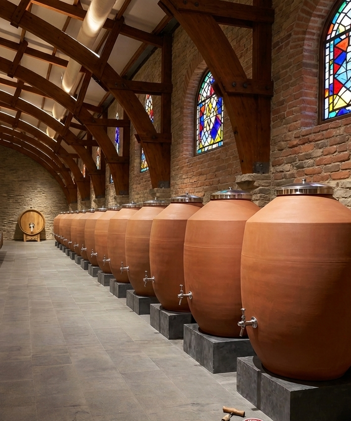 שלושה כלי יישון ותסיסה: נירוסטה, חבית עץ, אמפורה