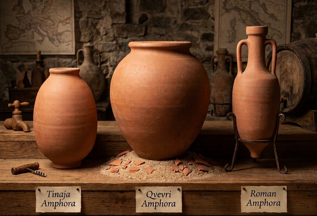 שלושה כלי יישון ותסיסה: נירוסטה, חבית עץ, אמפורה